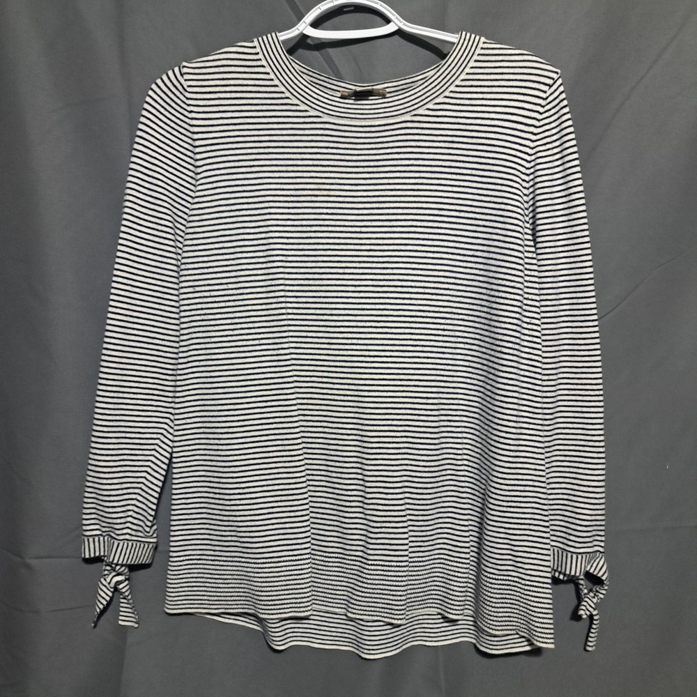 Loft Women's LARGE Long‎ Sleeve Tie Wrist Crew Neck Striped Top  Black White